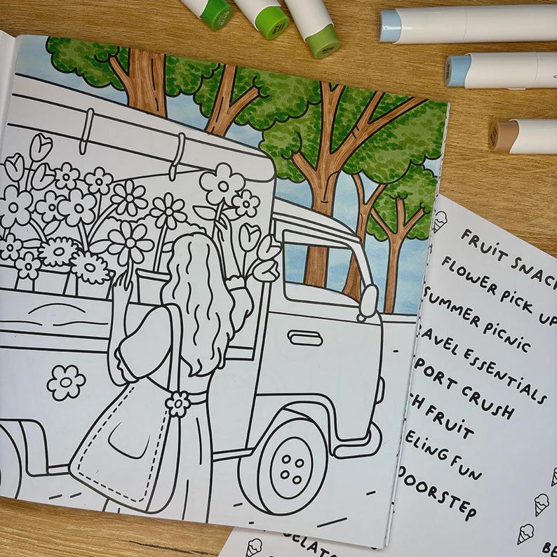 May include: A black and white illustration of a woman picking flowers from a flower truck. The image is from a coloring book, with the text "FRUIT SNACK, FLOWER PICK UP, SUMMER PICNIC, TRAVEL ESSENTIALS, PORT CRUSH, H FRUIT, ELING FUN, DOORSTEP" visible.