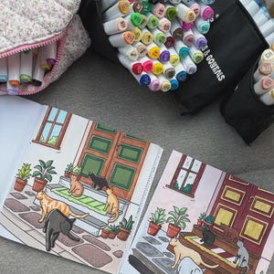 May include: An illustration of a house with cats on the porch, with markers and a floral pencil case in the background. The drawing depicts a house with a green door, potted plants, and cats in various poses. The markers are in black cases.