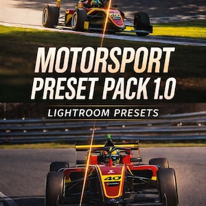 Puede incluir: Dos imágenes de un coche de carreras rojo, amarillo y negro en una pista. Se muestra el texto "MOTORSPORT PRESET PACK 1.0" y "LIGHTROOM PRESETS". El coche tiene el número "40". La imagen inferior tiene el logotipo de Lightroom y el texto "Easy to Edit" e "Instant".