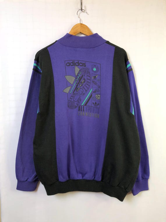 Vintage Adidas Sweatshirt | Black & Purple | 80s/90s 1/4 Zip Crewneck, Oversize Cut, Series Overprints, Streetwear, Unisex, Size L