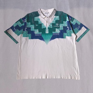 Vintage Sergio Tacchini polo t-shirt | white with overprints | 80s/90s tennis polo, abstract print, embrodiery logo, streetwear unisex XXL
