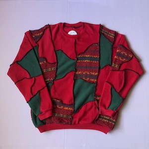 Vintage Reworked Sweatshirt - 1 of 1 | Red & Green | 90s Streetwear Oversize, Patchwork Pattern, Sweater Elements, Upcycle, Unisex, Size M/L