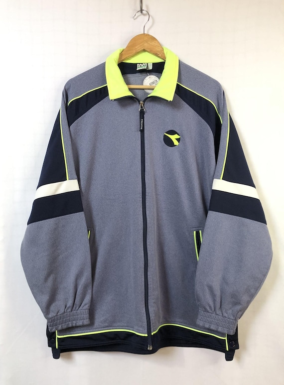 Diadora, Vintage Diadora Track Top | Gray & Navy Blue | 90s Zip Track Jacket, Oversize Cut, Embroidered Logo, Streetwear, Unisex, Size L