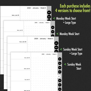 May include: Four printable weekly planner templates with different layouts. Each template includes a dotted grid for writing and a section for notes. The templates are labeled with the week start day: Monday or Sunday, and whether the text is large or small.