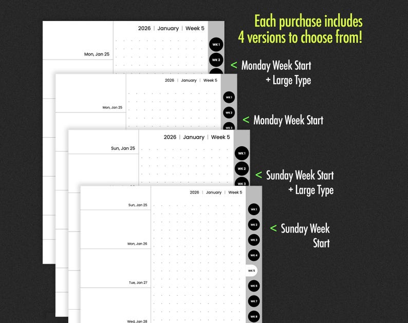 May include: Four printable weekly planner templates with different layouts. Each template includes a dotted grid for writing and a section for notes. The templates are labeled with the week start day: Monday or Sunday, and whether the text is large or small.