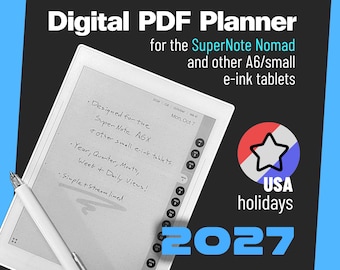 Simple 2027 PDF Planner / Calendar | SuperNote Nomad (+ A6 sized e-ink devices) | US Holidays