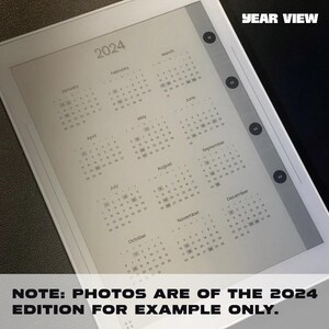 May include: A digital calendar view for the year 2024, displayed on a white e-reader. The calendar shows all 12 months with the days of the week and dates.