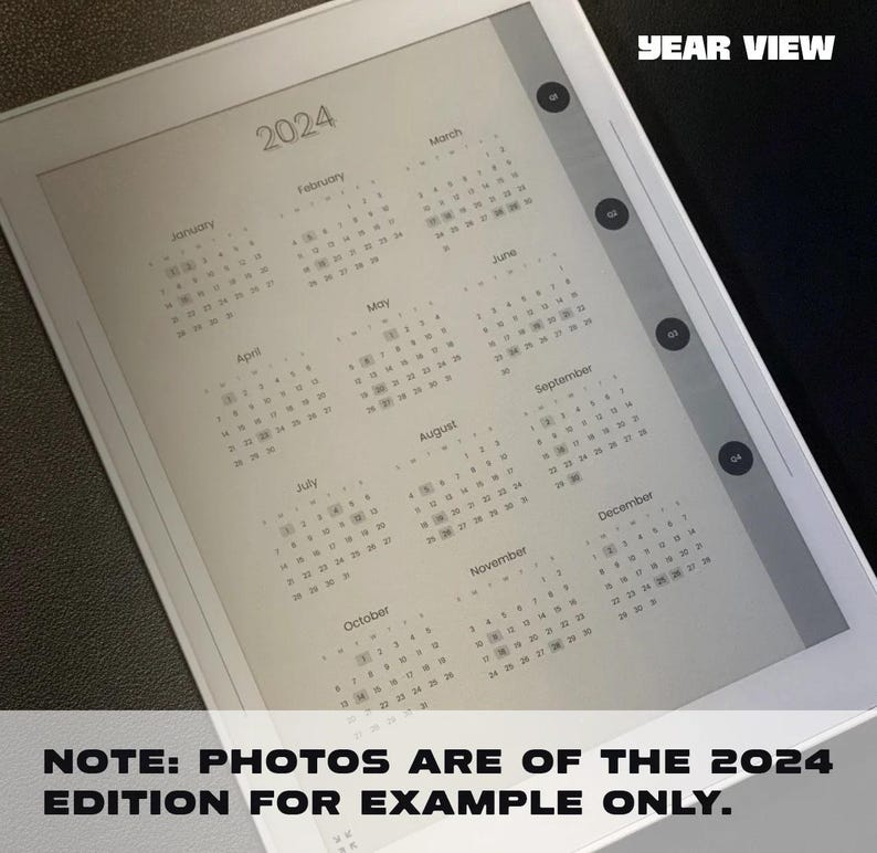 May include: A digital calendar view for the year 2024, displayed on a white e-reader. The calendar shows all 12 months with the days of the week and dates.