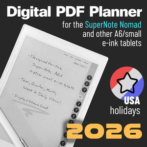 Eenvoudige pdf-planner / kalender 2026 | SuperNote Nomad (+ e-inktapparaten van A6-formaat) | Feestdagen in de VS