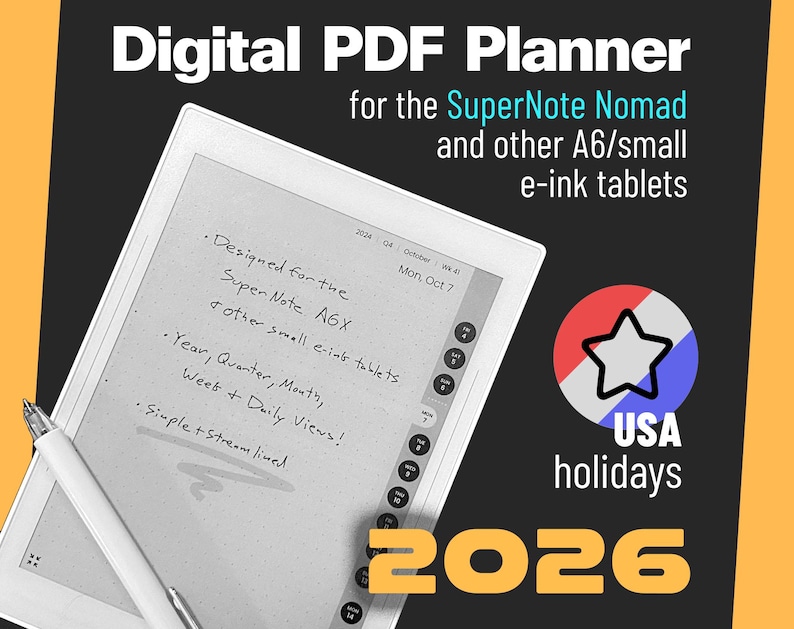 Simple 2026 PDF Planner / Calendar | SuperNote Nomad (+ A6 sized e-ink devices) | US Holidays image 1