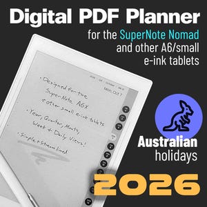 Simple 2026 PDF Planner / Calendar | SuperNote Nomad (+ A6 sized e-ink devices) | Australia Holidays