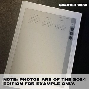 May include: A white digital planner with a black and white grid pattern. The planner displays the months of January, February, and March, with the text "2024 1st Quarter" at the top. The text "QUARTER VIEW" is at the top of the screen.