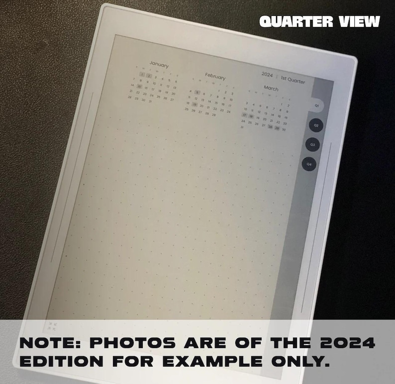 May include: A white digital planner with a black and white grid pattern. The planner displays the months of January, February, and March, with the text "2024 1st Quarter" at the top. The text "QUARTER VIEW" is at the top of the screen.