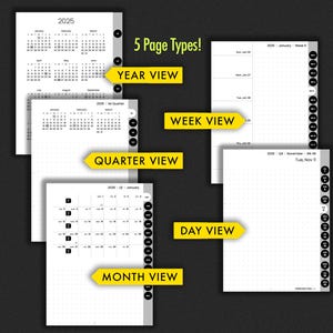 May include: Five different page types for a planner, including year, quarter, month, week, and day views. The pages are white with black text and a gray border. The planner has a black and white dotted grid pattern.