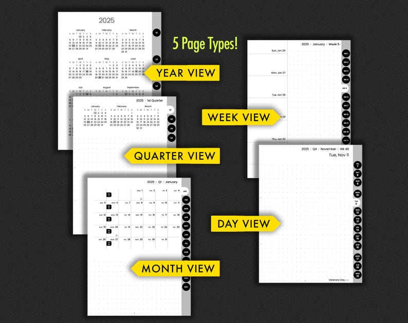 May include: Five different page types for a planner, including year, quarter, month, week, and day views. The pages are white with black text and a gray border. The planner has a black and white dotted grid pattern.