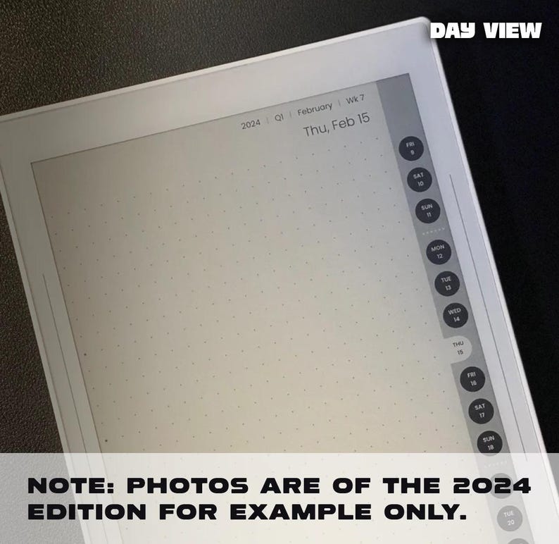 May include: A white digital calendar with a dotted grid pattern. The calendar displays the date "Thu, Feb 15" and the year "2024". The calendar also shows a column of days of the week, starting with Saturday and ending with Tuesday.