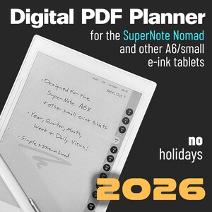 Simple 2026 PDF Planner / Calendar | SuperNote Nomad (+ A6 sized e-ink devices) | No Holidays