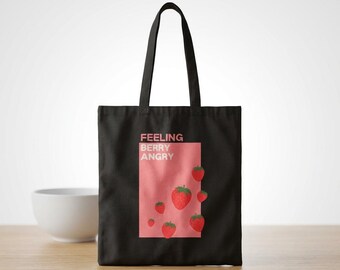 Bolsa de tela rosa con diseño de bayas enojadas / Linda fresa gruñona / Regalo kawaii sarcástico / Bolsa de lona suave y vanguardista para chica / Bolsa de tela divertida con frutas