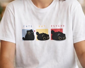Camiseta de gato negro, linda pero psicópata. Camiseta con gráfico de gato kawaii, estética de chica atrevida y suave / Regalo retro de gato negro / Camiseta aterradora pero dulce