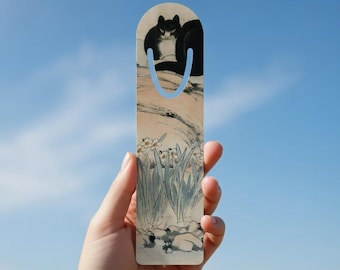 Marcador de metal de la serie de arte chino/Pintura de la dinastía Qing de un gato negro y un narciso/Marcador de buena suerte del Año Nuevo Lunar, regalo de prosperidad