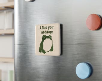 Imán cuadrado de porcelana con forma de rana hoji matsumoto "Te encuentro" (juego de palabras con ranas, wabi sabi vintage, rana japonesa, regalo de San Valentín, verde)