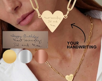 Collar con forma de corazón con clip de papel y escritura a mano, regalo personalizado conmemorativo, regalo de firma para ella, joyería grabada personalizada, recuerdo de oro de 18 quilates.