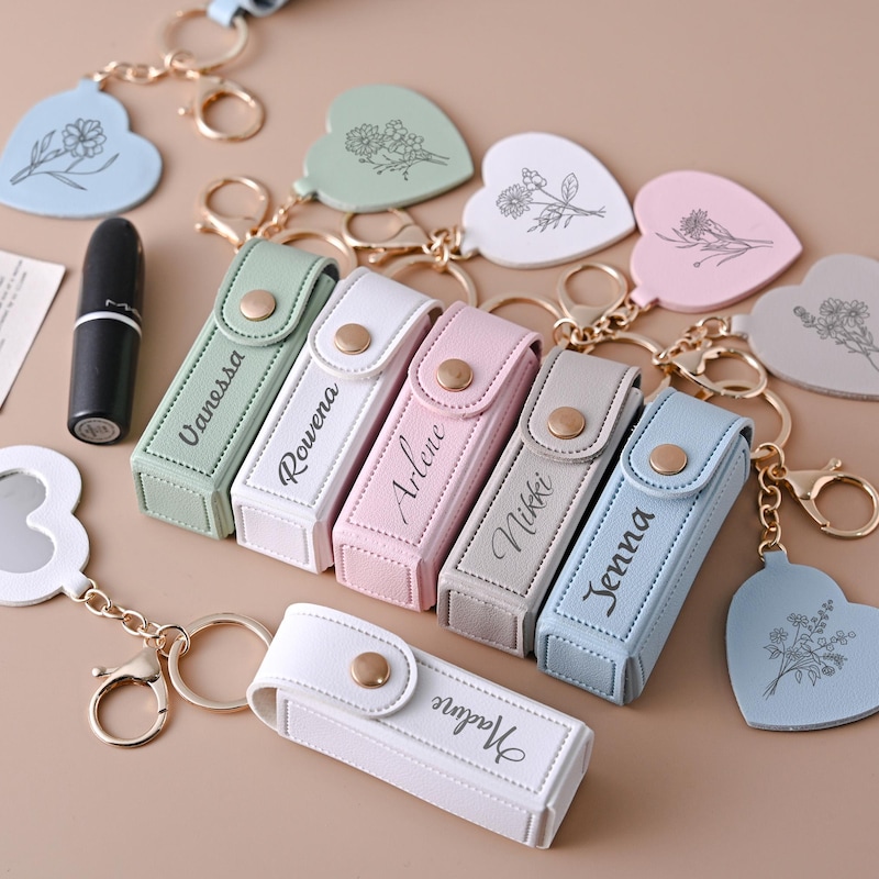 ❤️Buy 2 FREE SHIPPING❤️Personalized Lipstick Bag Keychain, Custom Name Anti lost Lipstick Storage Bag, Lipstick Case with Mirror, Bridesmaid Gift
