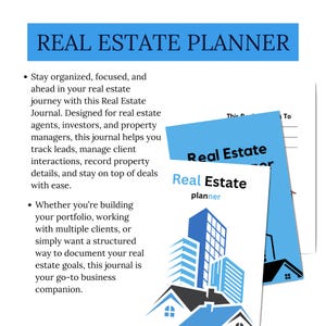 以下が含まれることがあります： 青と白の表紙に都市景観のデザインが施された、Real Estate Plannerジャーナル。「Real Estate Planner」のタイトルが大きく表示されています。不動産業者や投資家向けに設計されたジャーナルです。