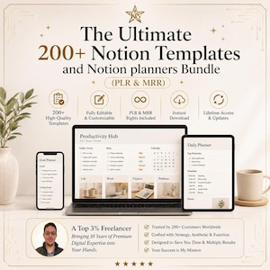 May include: A promotional image for a digital product bundle. The image features a laptop, tablet, and smartphone displaying Notion templates. Text includes "The Ultimate 200+ Notion Templates" and "A Top 3% Freelancer". The image has a neutral color palette.