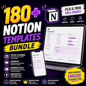 May include: A digital bundle featuring 180+ Notion templates, including planners, journals, and business tools. The graphic displays a laptop and smartphone showing dashboard interfaces, with text stating PLR & MRR 100% PROFIT and ONE BUNDLE. ENDLESS POSSIBILITIES.
