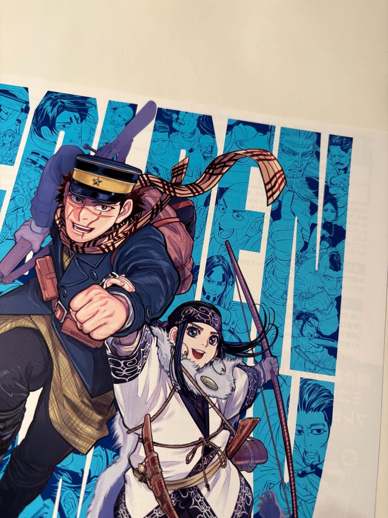 May include: Illustration from the manga series, Golden Kamuy, featuring two characters. A man in a military uniform and a woman in traditional clothing are depicted. The background is light blue with character portraits.