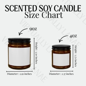 May include: A size chart for scented soy candles. The image shows two brown glass jars with black lids. The larger jar is 3.50 inches tall with a 2.91-inch diameter. The smaller jar is 2.71 inches tall with a 2.37-inch diameter. The text reads "SCENTED SOY CANDLE Size Chart."