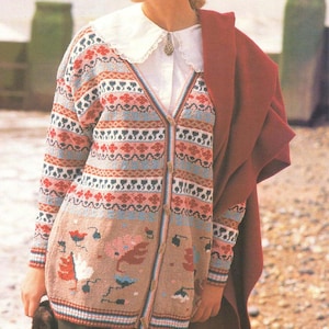 Modèle de machine à tricoter - cardigan en intarsia et jacquard pour femmes - format PDF - du magazine vintage des années 80 - veste en tricot pour femme