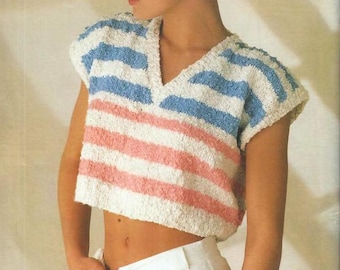 Bond Machine Knitting Pattern - Ladies V-Neck Striped knit Top - boucle yarn Vintage 80s Knitting Pattern PDF Digital Download womens summer