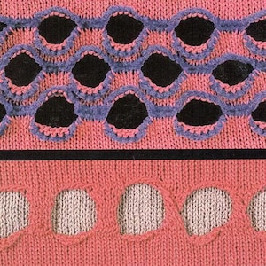 May include: Two close-up swatches of knitted fabric with different hole patterns. The top swatch is pink with a purple border and black holes. The bottom swatch is pink with larger holes.