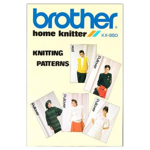 Pode incluir: Caderno de padrões de tricô Brother home knitter KX-350 com cinco padrões de tricô diferentes para um colete e quatro suéteres.