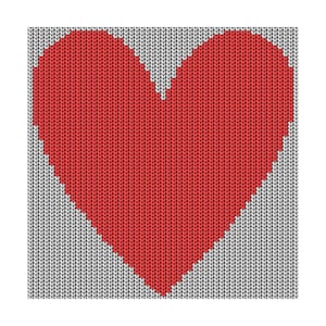 May include: A red heart shape knitted into a gray background. The heart is made of a red yarn and the background is made of a gray yarn.