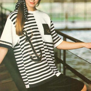 Passap Knitting Machine - Vintage Pattern 90s - womens striped pullover Intarsia anchor motif - nautical style - PDF digital download