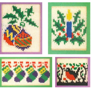 4 gebreide kerstkaarten - breimachinepatroon pdf-formaat - vintage uit tijdschrift jaren 80 voor het maken van vakantiebreiwerk, deken, kerstdecor
