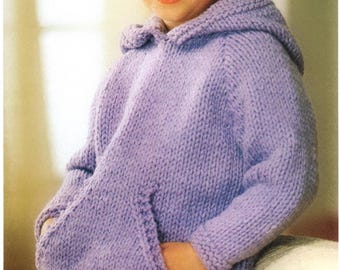 Machine knitting Pattern PDF - Chunky Raglan Sweater for Girl - Vintage 00s Gauge 9mm - bulky hooded pullover with pouch - wool/acrylic yarn