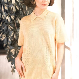 Machine Knitting Pattern – Lady&#39;s Short Sleeve Collared Top with Cable Trim - Vintage of 90s - summer cotton lightweight tunic pullover