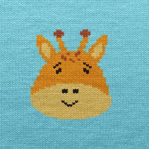 Breitabel lachende giraf – pdf-diagram en schriftelijke instructies – machinaal breien, intarsia, dubbele steek, Fair Isle-kleurwerk