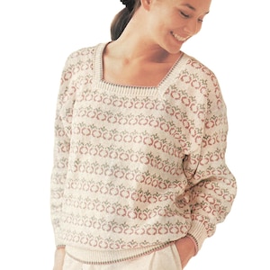Patrón de tejido a máquina: blusa Fair Isle con escote cuadrado, descarga digital en PDF vintage, gráfico floral, calibre estándar, hilo de algodón de 4 capas