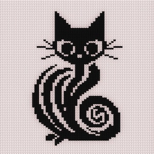 May include: Black and white silhouette of a cat with a curled tail, knitted in a pixelated style.
