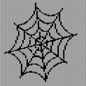 May include: A black and white knitted spiderweb design on a gray background.