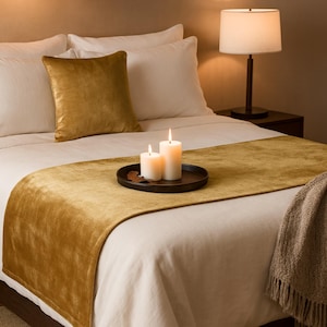 Caminho de cama em veludo sólido tamanho King/Queen/Twin com estampa e capa de almofada combinando em dourado liso para decoração de quarto - Veludo dourado macio