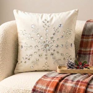 Ivory Velvet, Crystal Embroidered 'Snowflake' Pattern, Modern Throw Pillow Cover / Euro Sham -Crystal Flake