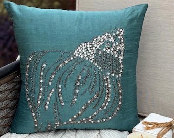 Teal Blue Art Silk Crystal & Bead Embroidered Throw Pillow Cover, 16"x16", Beach Style Cushion Cover, Square Pillowcase - Crystal Sea Shell