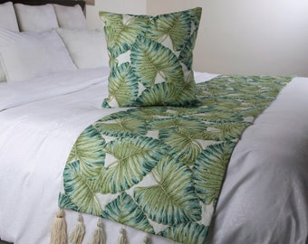 King / Queen / Twin Green Bed Runner with Decorative Throw Pillow Cover, Linen Printed Embroidery, Floral Tropical - Tropical Feeling