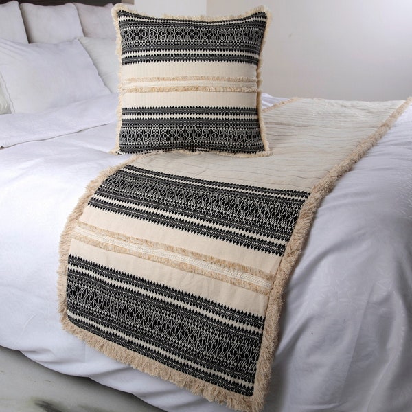 King / Queen / Twin Beige Bed Runner with matching Decorative Throw Pillow Cover, Cotton Quilted Lace, Modern Contemporary - Moroccan Vibe